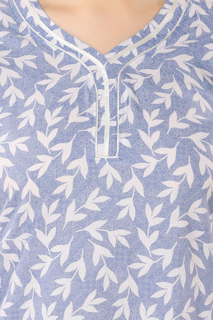 Floral Full Sleeves Night Gown - Blue