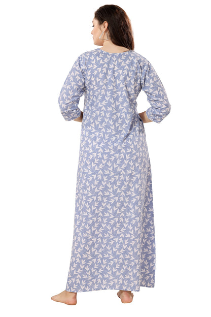 Floral Full Sleeves Night Gown - Blue