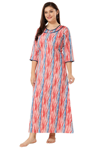 Floral Full Sleeves Night Gown - Red