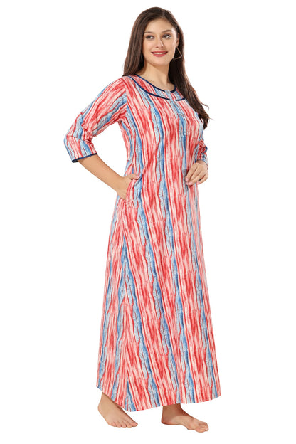 Floral Full Sleeves Night Gown - Red