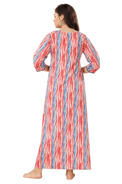 Floral Full Sleeves Night Gown - Red