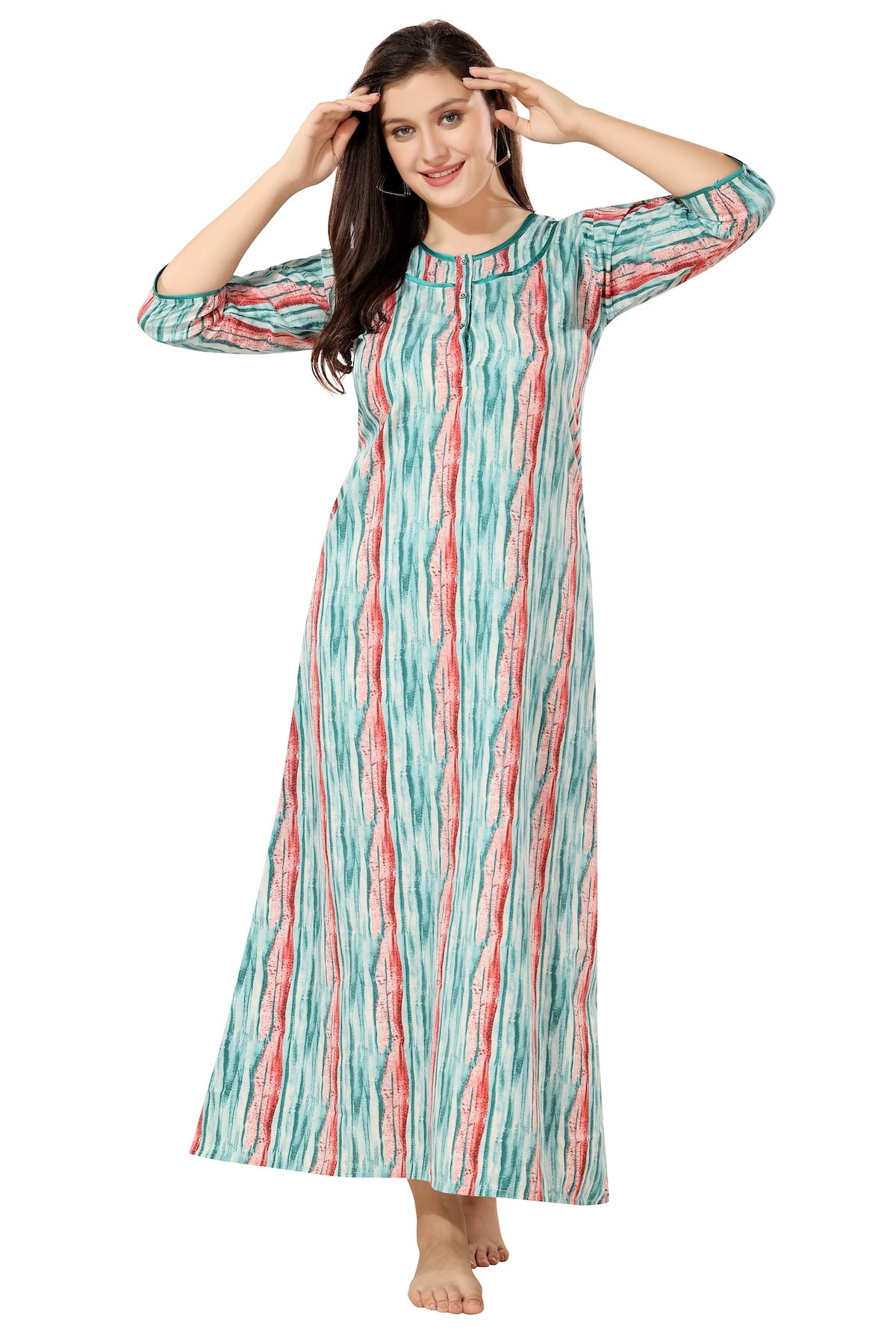 Floral Full Sleeves Night Gown - Green