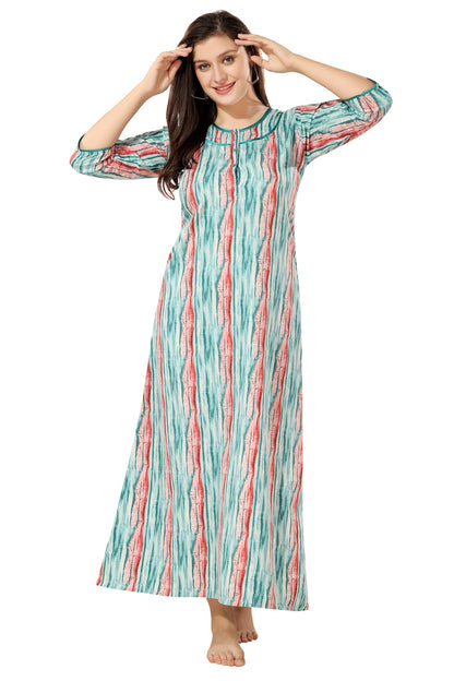 Floral Full Sleeves Night Gown - Green