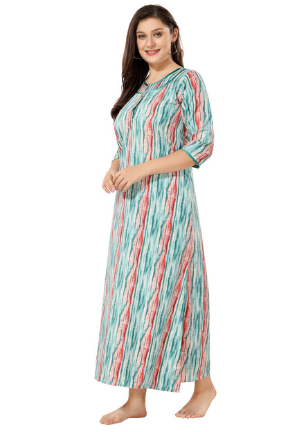 Floral Full Sleeves Night Gown - Green
