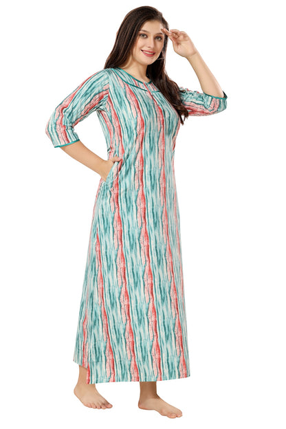 Floral Full Sleeves Night Gown - Green