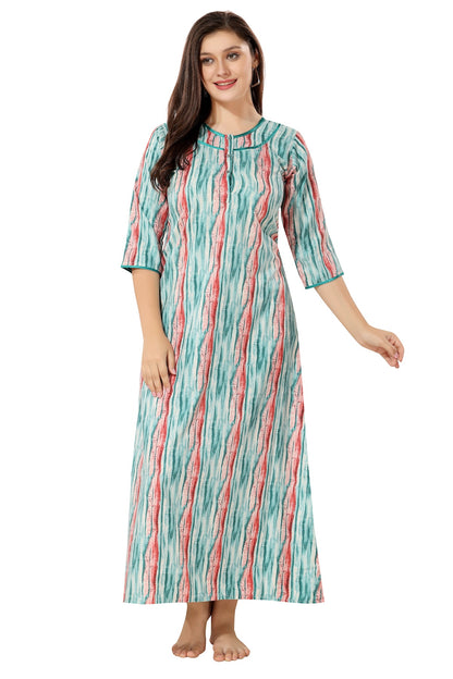 Floral Full Sleeves Night Gown - Green