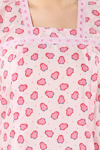 Cute Penguin Feeding Nightdress - Pink