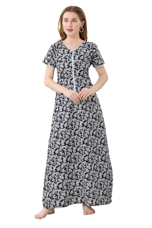 Front Zipper Cotton Night Gown - Black