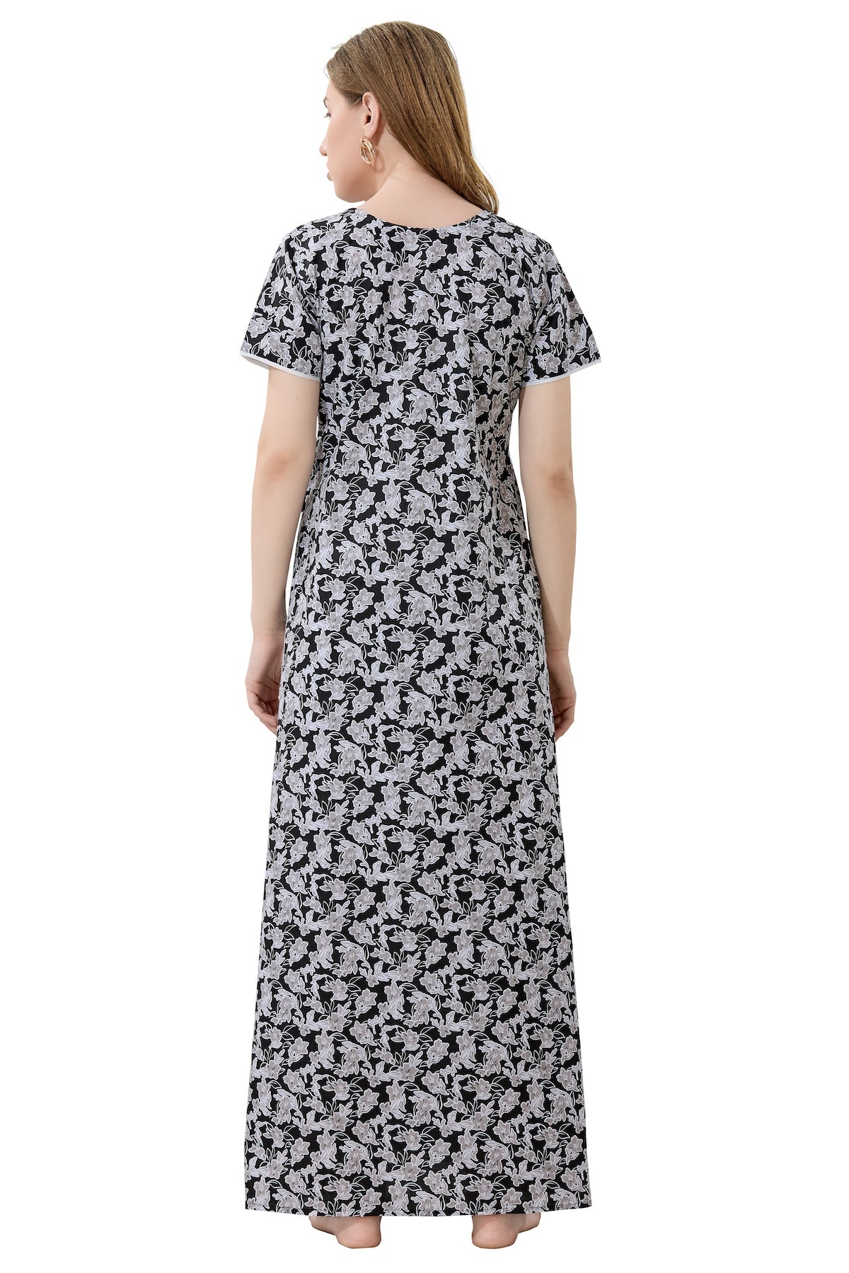 Front Zipper Cotton Night Gown - Black