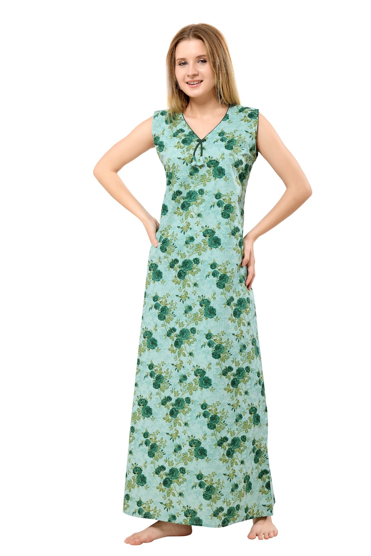 Floral Sleeveless Nighty - Green