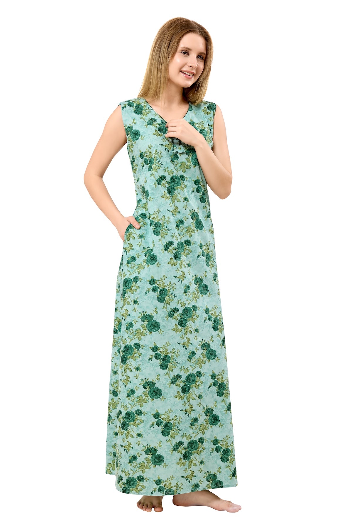 Floral Sleeveless Nighty - Green