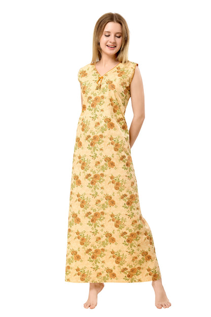 Floral Sleeveless Nighty - Yellow