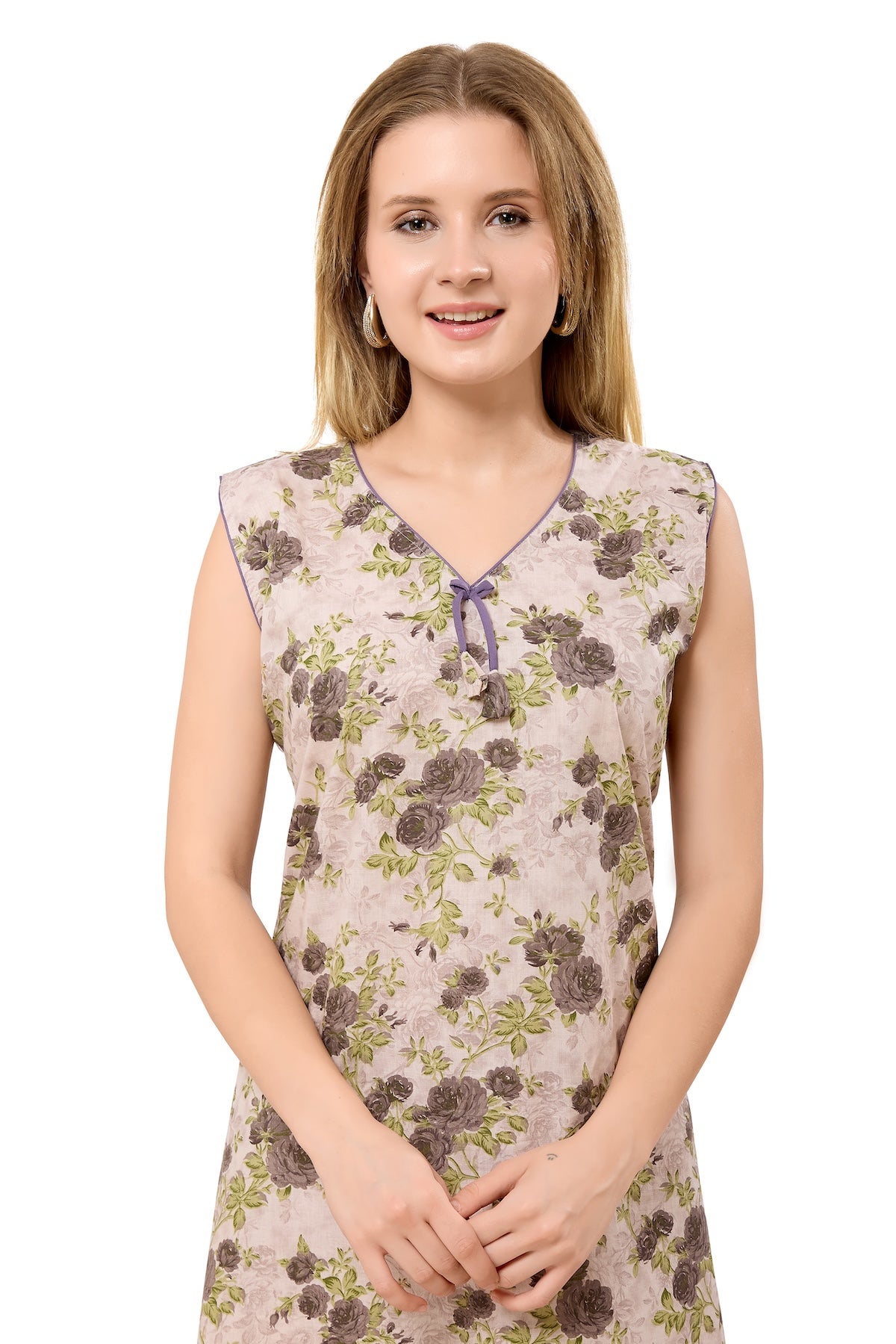 Floral Sleeveless Nighty - Purple