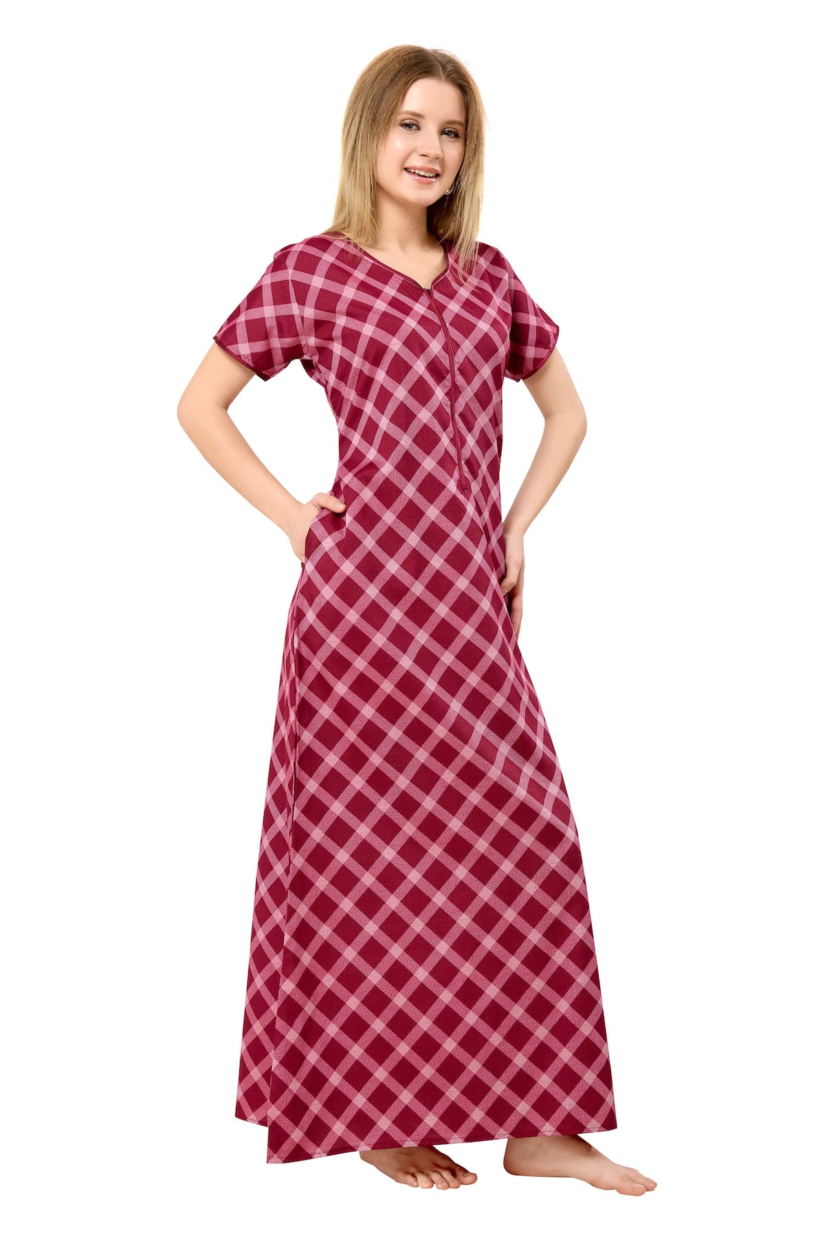 Front Zipper Cotton Night Gown - Pink