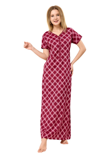 Front Zipper Cotton Night Gown - Pink