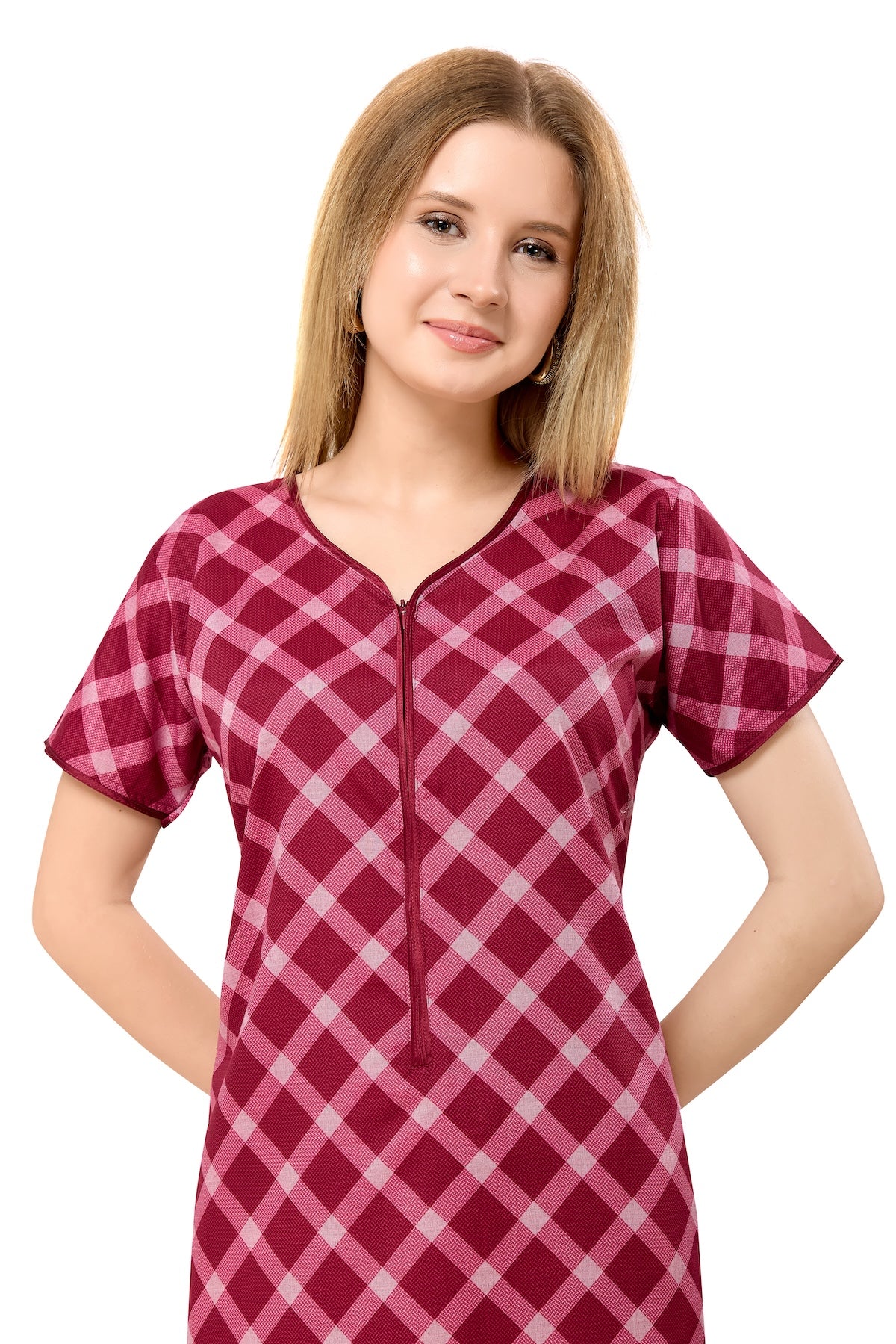 Front Zipper Cotton Night Gown - Pink