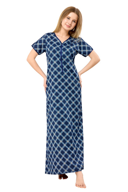 Front Zipper Cotton Night Gown - Blue