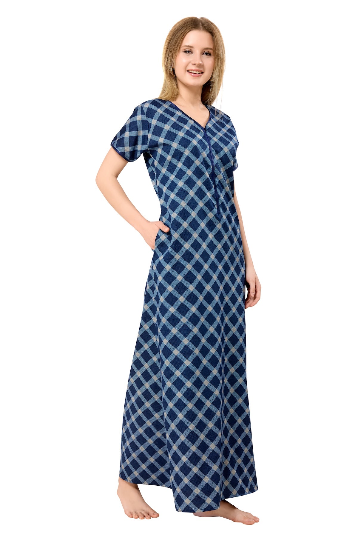 Front Zipper Cotton Night Gown - Blue