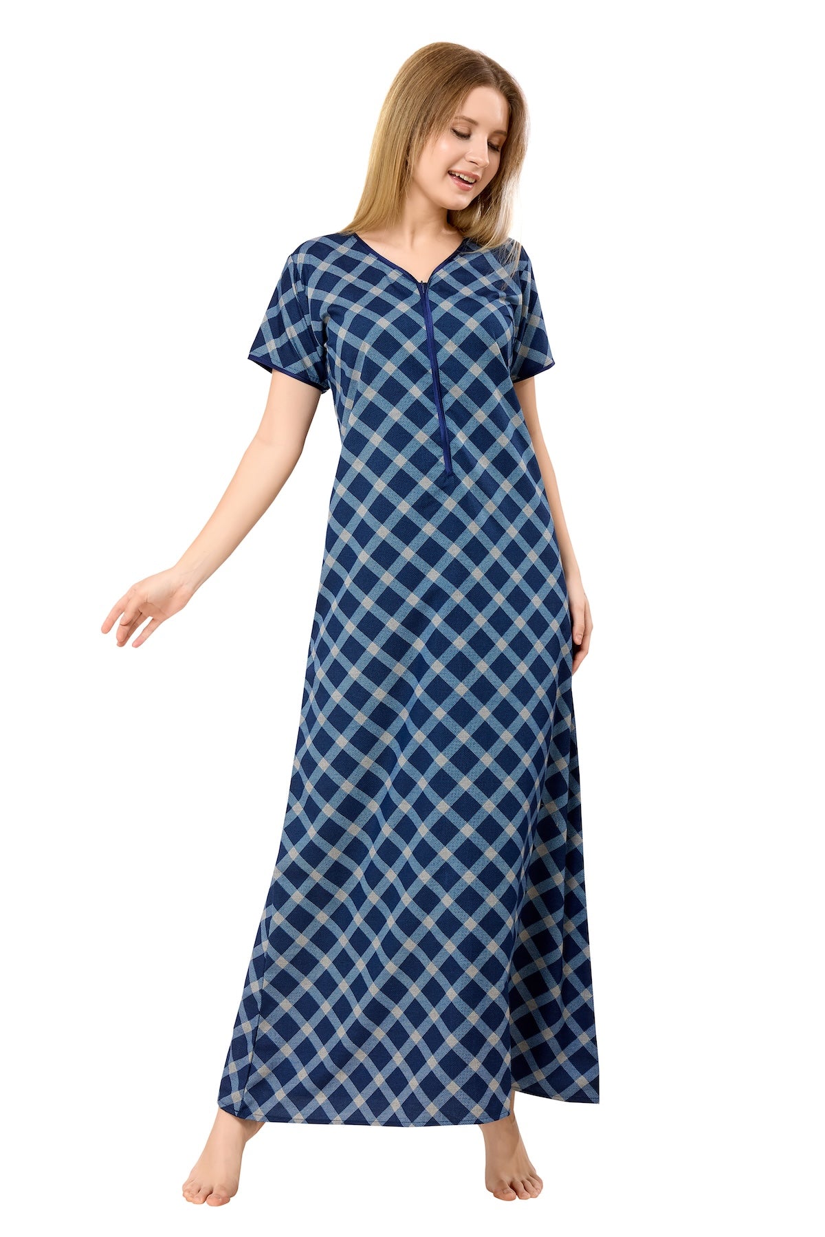 Front Zipper Cotton Night Gown - Blue