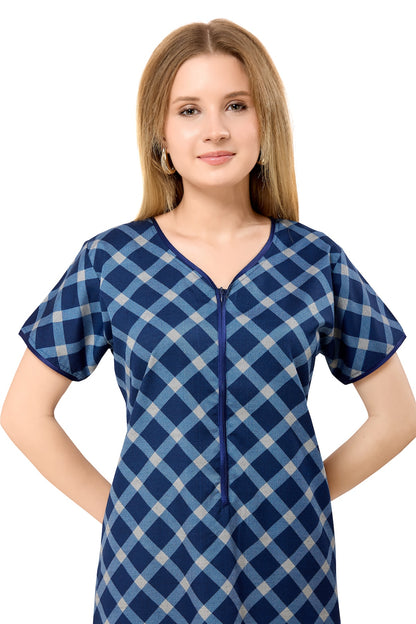 Front Zipper Cotton Night Gown - Blue