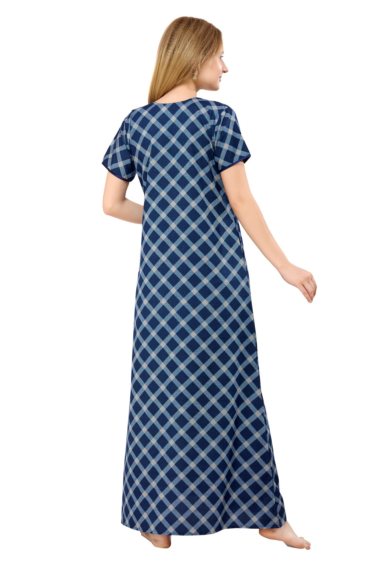 Front Zipper Cotton Night Gown - Blue