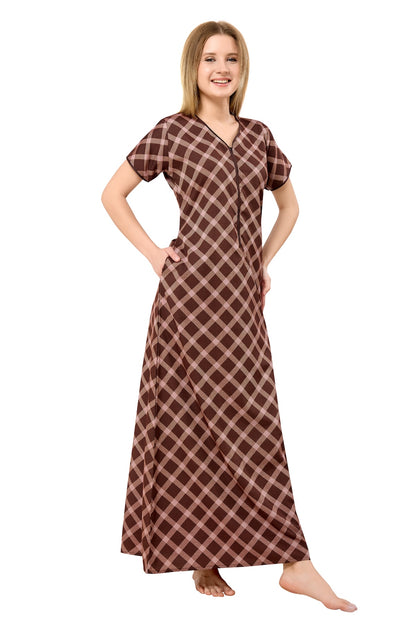 Front Zipper Cotton Night Gown - Brown