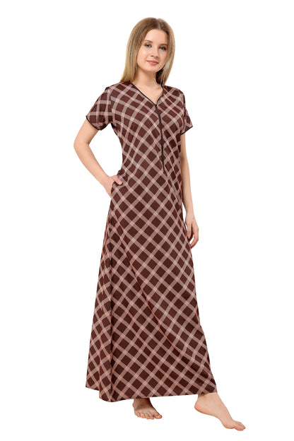 Front Zipper Cotton Night Gown - Brown