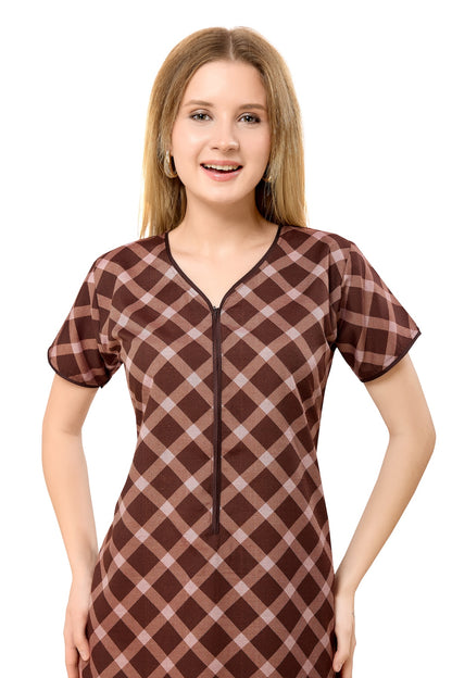 Front Zipper Cotton Night Gown - Brown
