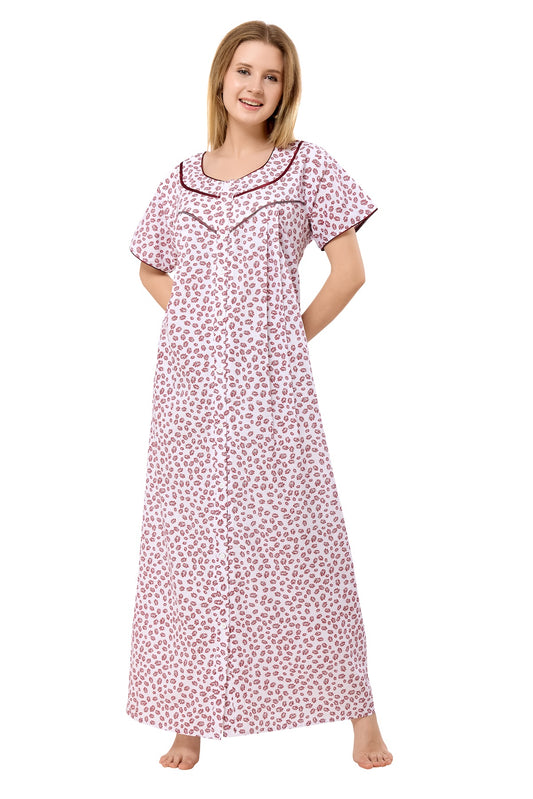 Front Open Plus Size Nightdress - Maroon