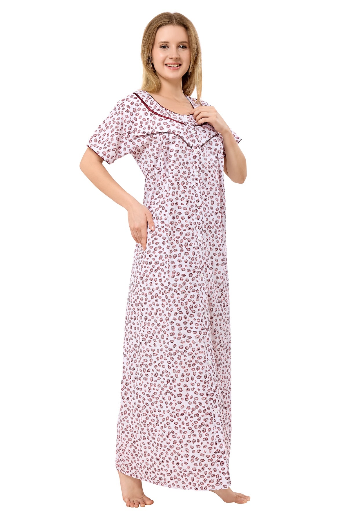 Front Open Plus Size Nightdress - Maroon