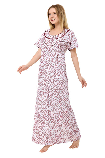 Front Open Plus Size Nightdress - Maroon