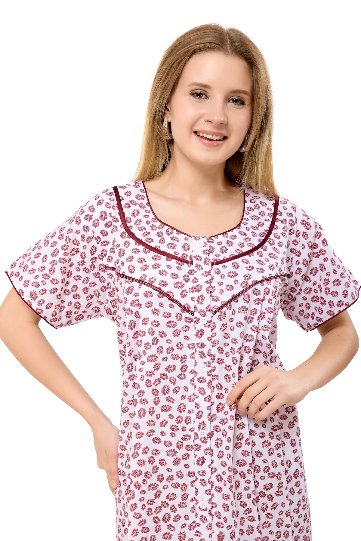 Front Open Plus Size Nightdress - Maroon