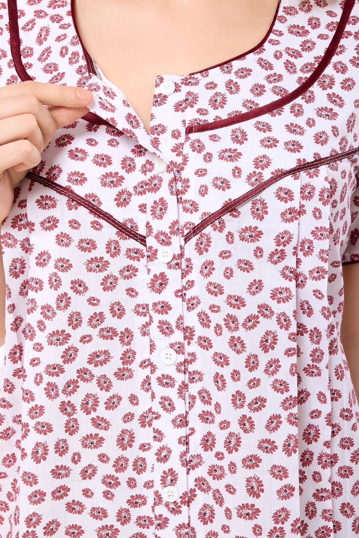 Front Open Plus Size Nightdress - Maroon