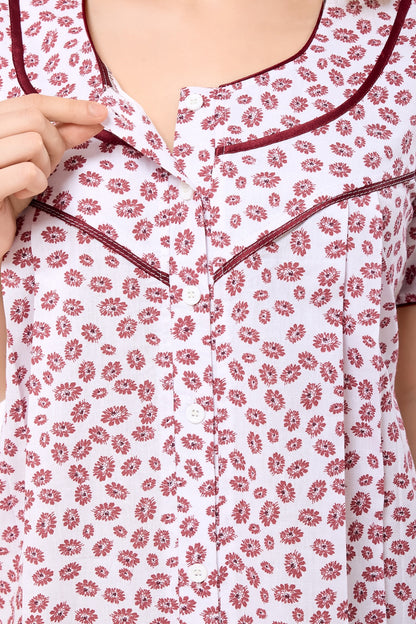 Front Open Plus Size Nightdress - Maroon