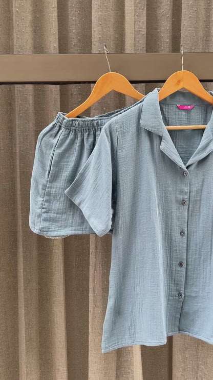 Suave Blue Muslin Shorts Set