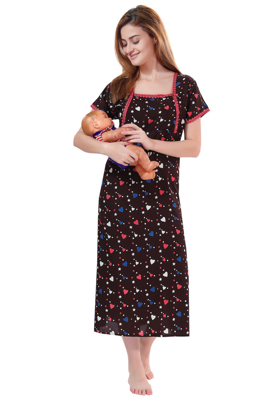 Pritned Hearts Feeding Gown Brown
